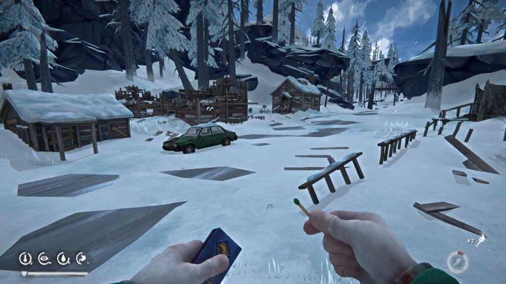 Вид на машину с запиской у выезда из города Милтон в The Long Dark