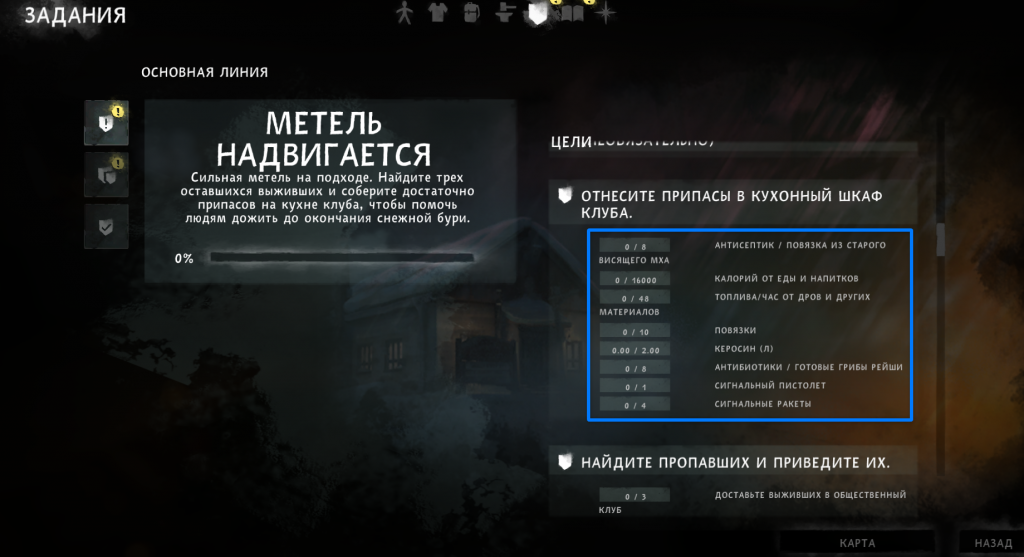 список припасов для метели — журнал заданий 3 эпизод
