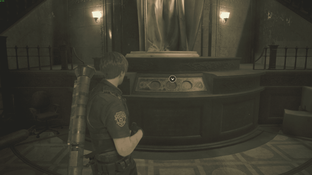 три медальона в статуе — проход в подвал открыт, RE2 Remake